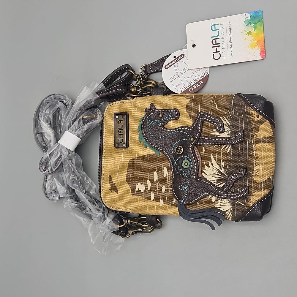 CHALA SAFARI COLLECTION CANVAS HORSE CELL PHONE CROSSBODY - Adj. Strap - Brown